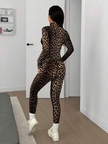 SHEIN EZwear Brown 3pcs Set: Leopard Print Camisole + Zip-Up Long Sleeve Jacket + Pants, Fashionable - Coffee Brown - View 2