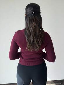 MDEdit Cárdigan de cuello redondo de manga larga con botones delanteros, de verano - Burdeos - Ver 2