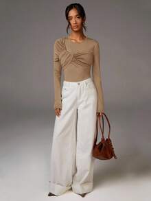 Athîral Women's Fashion Solid Color Round Neck Long Sleeve Bodysuit, Khaki Top, Twist Front Top, Tan Tops Women, Ruched Top - Camel - View 5