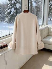 Franclia 大码女士优雅法式结领人造毛皮袖口宽松羊毛混纺外套，秋冬款 - 杏色 - 查看 2