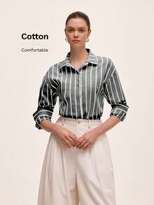 Almamuse Camisa a rayas gris y blanca, cómoda para ir al trabajo y uso diario casual, primavera/verano - Negro - Ver 3
