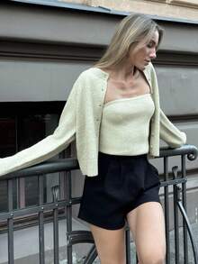 SHEIN PariChic 2pcs Green Knit Vest & Long Sleeve Cardigan Set, Versatile & Minimalist - Green - View 6