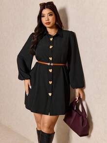 Elaquor 大码休闲通勤简约条纹金属扣宽松短款连衣裙（女款） - 黑色 - 查看 4