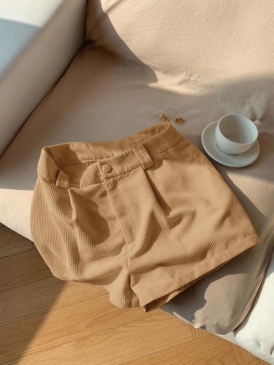 Comfortcana 女士休闲纯色灯芯绒短裤 - 駝色 - 查看 1