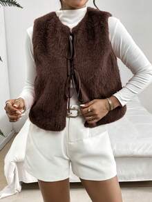 SHEIN Essnce 女士纯色系带仿毛皮背心外套，秋冬季 - 咖啡棕 - 查看 8