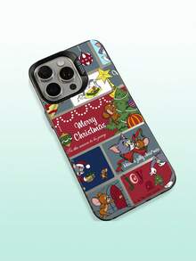 TOM & JERRY X SHEIN Funda de teléfono dura de estilo navideño con gato y ratón, con elementos navideños de gato y ratón y texto "Feliz Navidad", compatible con iPhone y Galaxy, para regalo de Navidad y uso diario, estilo de dibujos animados retro, adecuado para entusiastas de la animación y - Negro - Ver 5