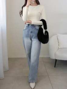 FRIFUL Women's Solid Color Round Neck Raglan Long Sleeve Casual Versatile Fleece T-Shirt - White - View 2