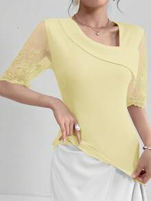 Modelyn Ladies' Asymmetric Neckline Contrast Mesh Summer T-Shirt Graphic Tees Women Tops - Light Yellow - View 5