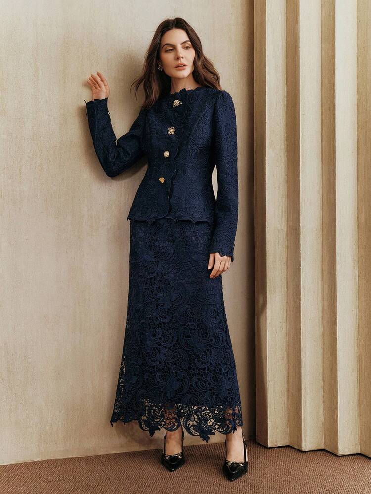 Anewsta بدلة نسائية أنيقة للحفلات مكونة من جاكيت مطرزة وبنطلون قطعتين بلون أحادي - أزرق بحري - مشاهدة 7