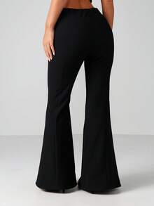 MISSGUIDED 高腰褶裥修身喇叭裤，阔腿喇叭裤，适合办公室穿着，专业正式，优雅大方。 - 黑色 - 查看 2