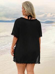 Swim Lushoire Plus Size Women Solid Color Pom Pom V-Neck Short Sleeve Coverup Summer 2026 Christmas New Year Party Beach Casual - Black - View 2