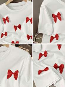 Resyla Casual H-Shaped Round Neck 3D Bow Short Sleeve Pink T-Shirt For Women, Summer Cute Shirt For Women Cute Tops Cute Tees Cute Short Sleeve Tops Cute T Shirts - White - View 3