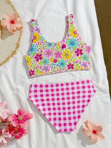Young Girl' Cute Floral & Plaid Print 2 Pieces Swimsuit Pink Swimsuit Kid Flower Swimsuits Kids 2 Piece Reversible Swimsuit Kids Bikini Set Kids 2 Pc Bathing Suits Girl - Multicolor - View 3