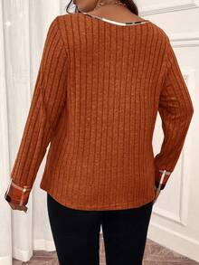 EMERY ROSE Plus Size V-Neck Contrast Plaid Long Sleeve Ribbed T-Shirt, Top For Spring - Orange - View 2