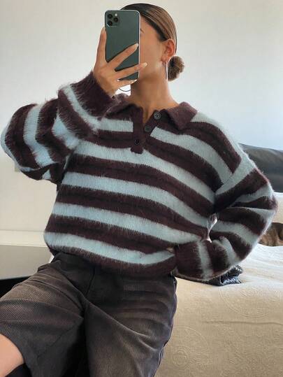 DAZY 女士休闲撞色条纹高领毛衣，Y2K 冬季款