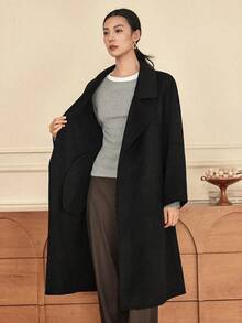 Dazy-Less 女士纯色腰带优雅长袖外套，秋冬商务休闲女装 - 黑色 - 查看 3