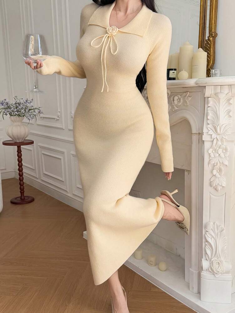 French Ruffle Tie-Up Waist Dress, Slimming Long Dress For Women, Winter Knit Sweater Dress
