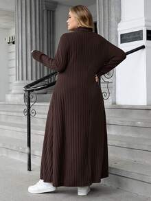 SHEIN CURVE+ Váy len dệt kim dáng chữ A dài tay cổ lọ gân cỡ lớn dành cho nữ, mùa thu/đông - màu nâu - Xem 2