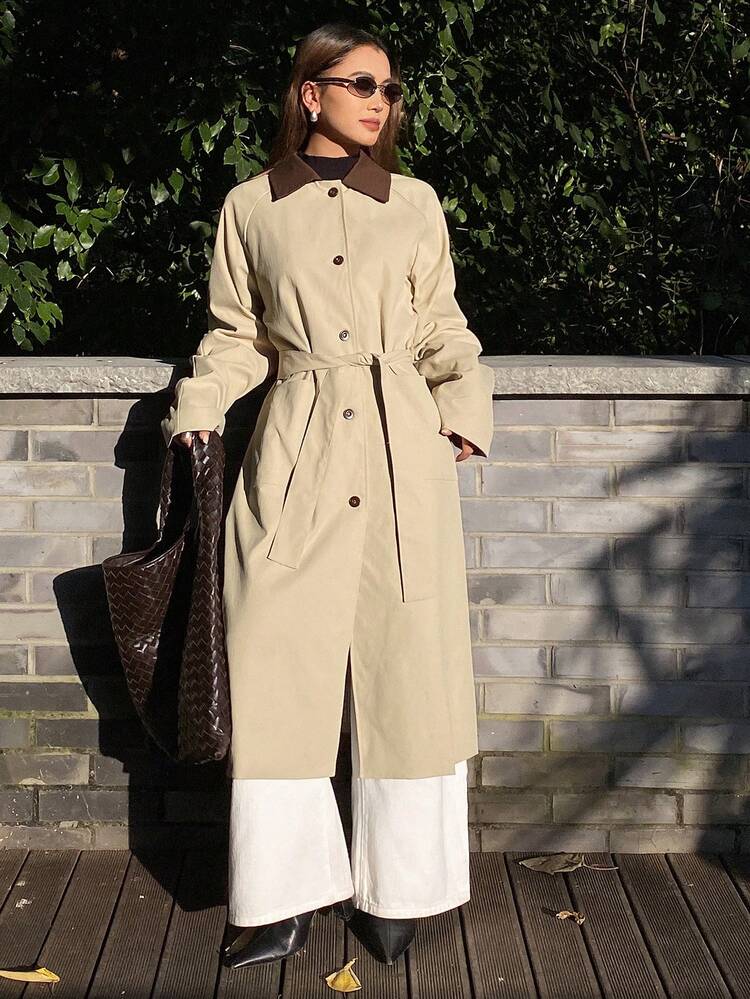 Women's Solid Color Front Button Pocket Belted Long Sleeve Trench Coat