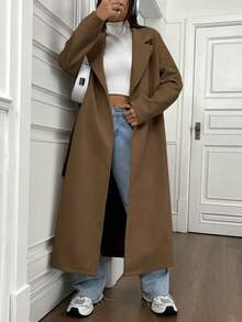 Flirla Áo khoác ngoài cổ ve lật tay dài màu trơn dành cho nữ, Thu/Đông - Cà phê nâu - Xem 6