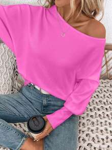 SHEIN Plus Size Women's Casual Off-Shoulder Batwing Sleeve Solid Color Knit Sweater, Loose Pullover Top For Autumn/Winter - Baby Pink - View 6