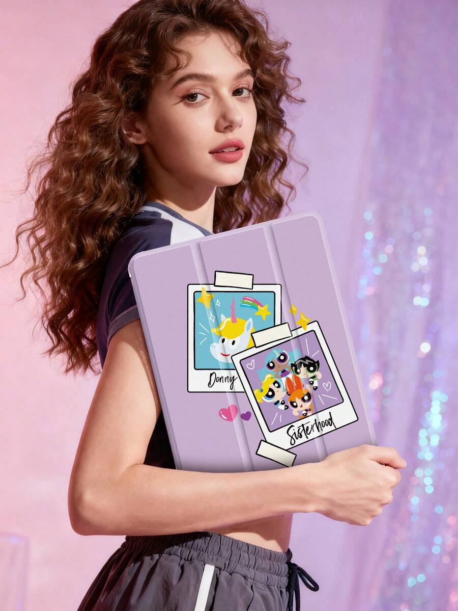 THE POWERPUFF GIRLS X SHEIN 1个可爱卡通iPad保护套，高端质感，柔软防摔硅胶材质，带折叠支架，完美礼物。兼容iPad 10代/iPad Air 7代（11英寸）/iPad Air 5/Air 4（10.9英寸）、iPad Air 6代（11英寸），带笔槽，支持自动睡眠/唤醒功能，时尚保护套 - 彩色 - 查看 1