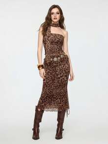 ROMWE J-Fashion 女款夏季 Y2K Gyaru 豹纹褶皱上衣