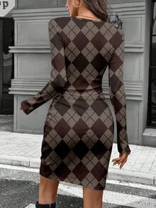 SHEIN LUNE Váy ngắn tay dài bo gấu eo ôm sát thanh lịch dành cho nữ, mùa thu/đông - Nhiều màu - Xem 2