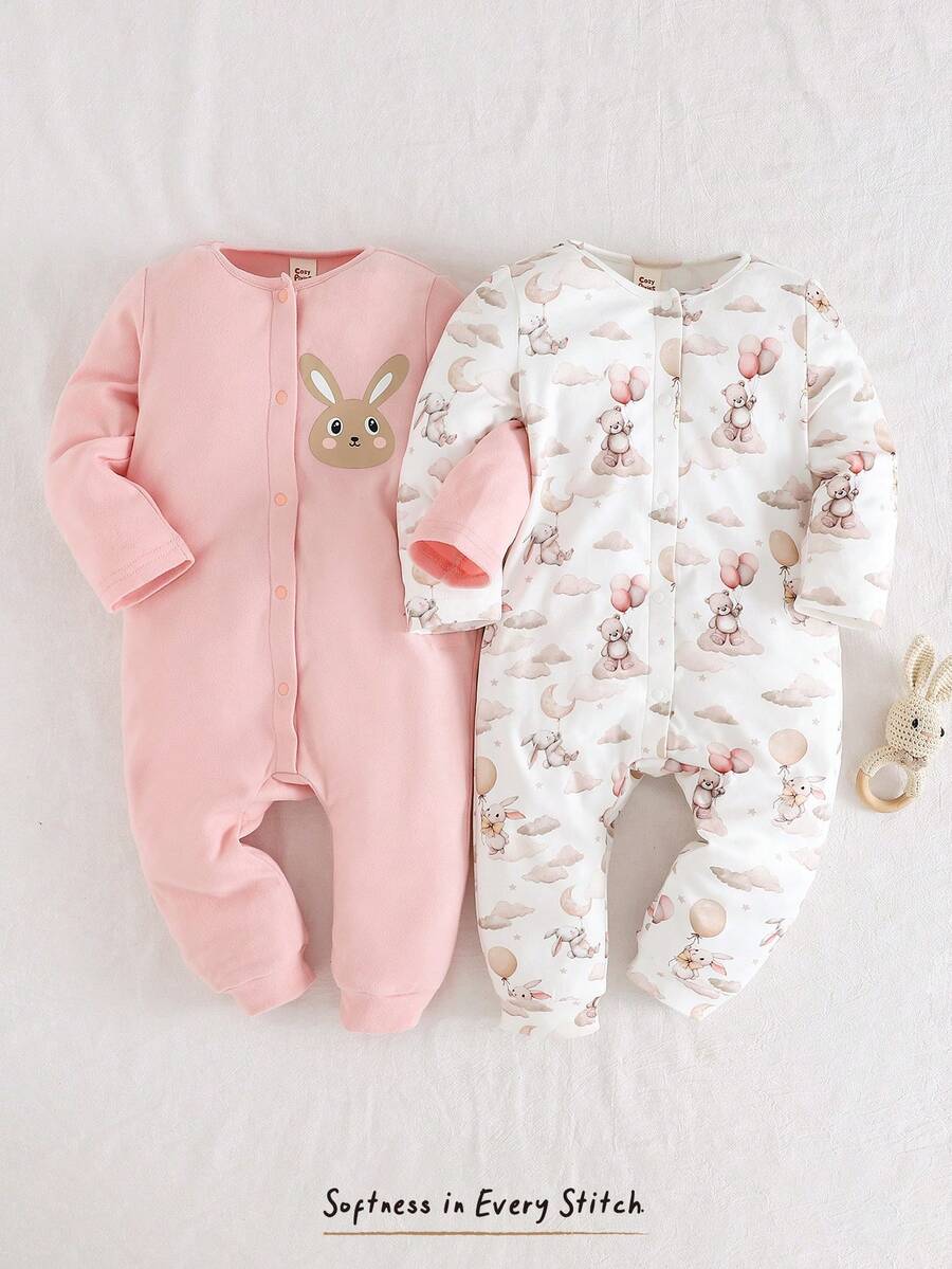 Cozy Pixies Bộ 2 món áo liền quần dài tay cổ tròn mềm mại họa tiết động vật hoạt hình cho bé gái - Nhiều màu - Xem 1