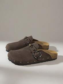 Solecia Women's Buckle Design Casual Slip-On Mules - Coffee Brown - View 2