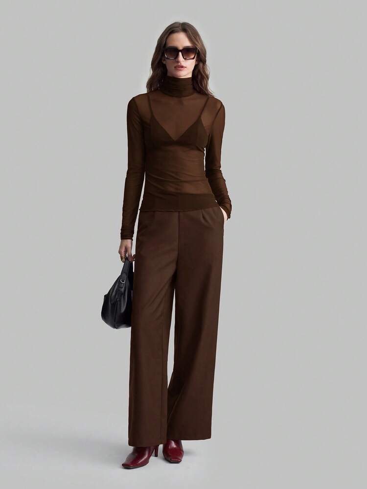 2026 Primavera/Verão Nova Top de Tricô Feminina de Manga Longa Ajustada com Gola Alta e Camadas Transparentes, Versátil para Transporte Urbano, Casual Business, Festa, Convidado de Casamento, Roupa de Praia de Férias - Castanho - Visão 4