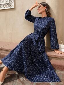 EMERY ROSE 女士休闲印花灯笼袖长连衣裙，秋季 - 藍色 - 查看 7