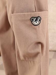 SUMWON 男童罗纹抽绳工装裤，侧边口袋，宽松休闲套穿裤，适合春夏假期穿着 - 卡其色 - 查看 6