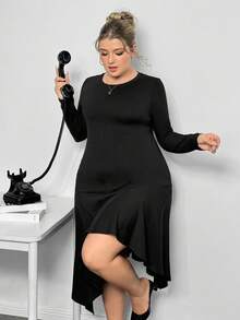 Truni Itsmisslys Plus Size Women's Knit High Stretch Long Sleeve Dress, Asymmetrical Hem Slit Black Mid-Length Dress, For Pear Triangle Body Shape - Black - View 6