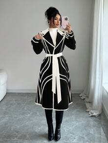 SHEIN Elenzya 优雅奢华复古线条印花高端撞色拼接女式外套，适合派对穿着 - 彩色 - 查看 5