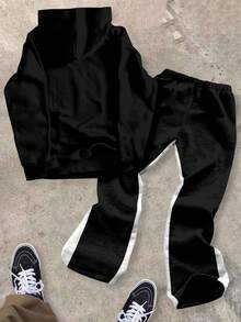 SHEIN 青少年男孩休闲时尚经典酷炫嘻哈风格字母图形印花、文字和星星图案宽松连帽衫长袖超长喇叭裤 2 件套，适合秋冬季