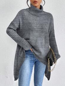 SHEIN LUNE 纯色高领休闲百搭长袖套头毛衣 - 深灰色 - 查看 5