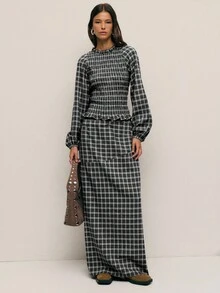 Nöista 两件套格子套装，包括一件长袖衬衫和一条带有荷叶边腰部的配套半身裙，打造优雅正式的廓形，非常适合女性春假穿搭、从办公室到晚宴的无缝过渡、派对的精致造型、生日聚会的女士服装叠穿搭配以及优雅的庆祝活动。 - 黑色 - 查看 1