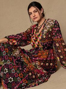 SHEIN VCAY 大码优雅波西米亚风黑色花卉、佩斯利花纹、腰果花印花女士长袖雪纺连衣裙 - 彩色 - 查看 6