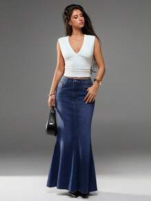SHEIN Forever 21 Summer New Low Waist Mermaid Casual High Street Women Denim Maxi Skirt - Navy Blue - View 3