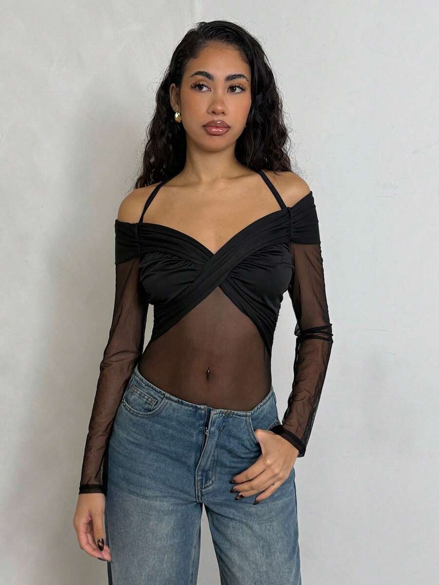 Glamine Women's Autumn/Winter Ruched Waist, Halter Neck, Mesh Patchwork Black Bodysuit - Black - View 1