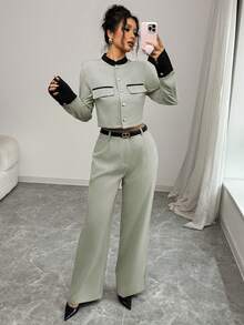 Selianne Women's Contrast Color Long Sleeve Single-Breasted Jacket And Pants Elegant Suit - Light Grey - View 4