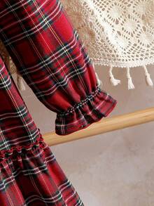 SHEIN Girls' Vintage Red And White Plaid Dress,Long Sleeve Ruffle Trim Bow Decor Waist Cinched Patchwork Elegant Wedding Guest Dress For Autumn,Christmas - Burgundy - View 5