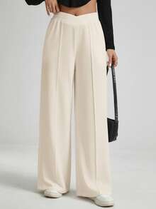 SHEIN Essnce 女士纯色弹力腰带牙签条纹设计宽松休闲阔腿裤 - 杏色 - 查看 6