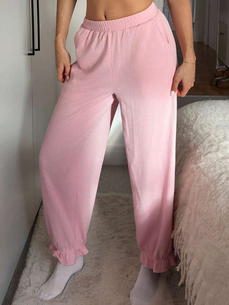 Women's Loose Fit Solid Color Ruffle Hem Pajama Bottoms