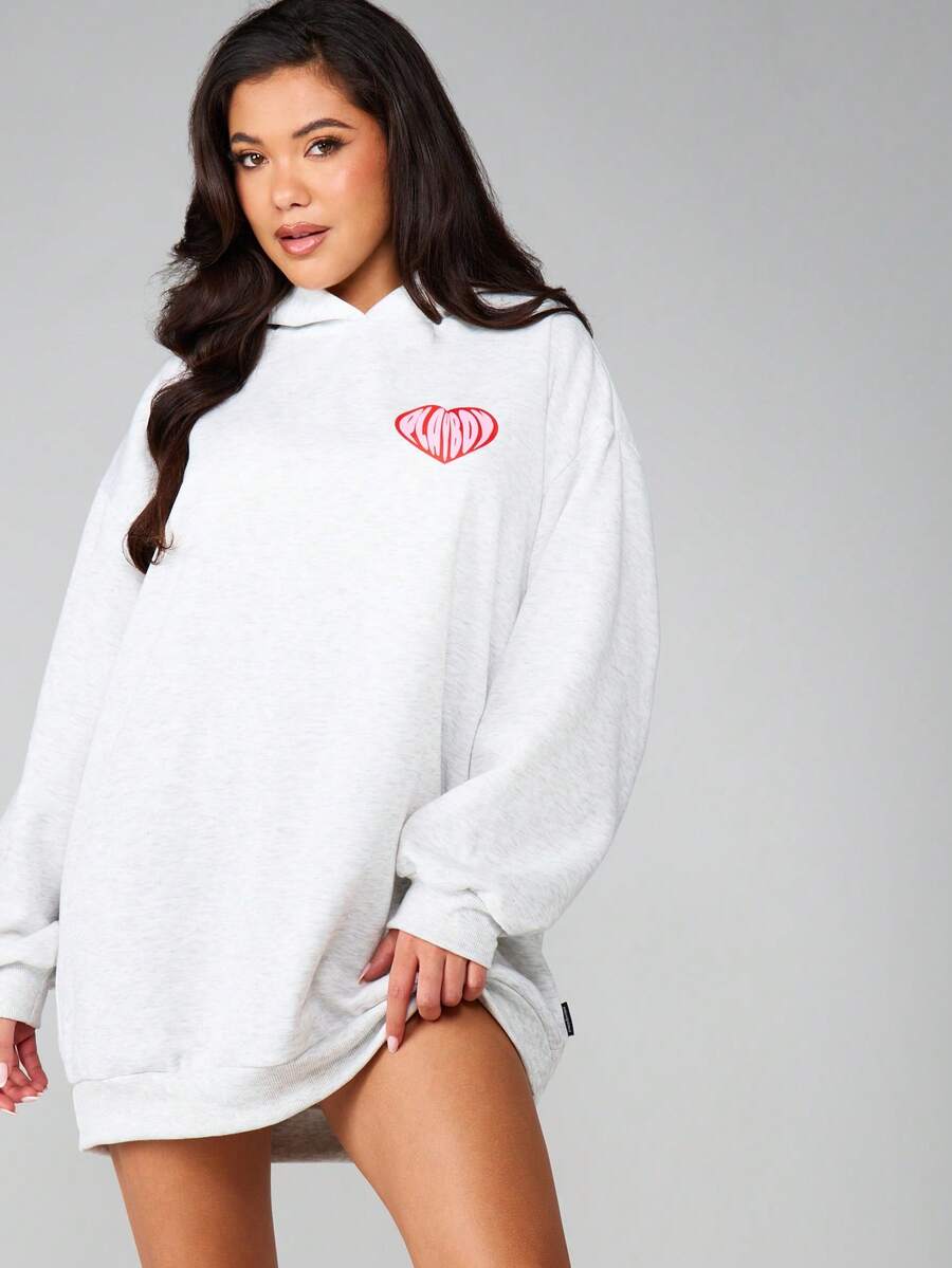 Missguided x Playboy 爱心印花超大款连帽连衣裙，迷你裙长，长袖，舒适修身，休闲情人节套头卫衣裙 - 淺灰色 - 查看 1