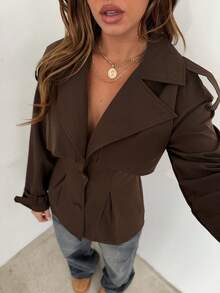 Aloruh Trench-coat marron unicolore à simple boutonnage pour femme avec cordon de serrage à la taille, polyvalent pour le trajet, le port décontracté, toutes saisons - Tabac - Voir 5