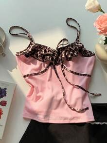 Comfortcana 2025新款秋冬时尚女装豹纹荷叶边吊带背心，适合夏季度假休闲穿着 - 粉色 - 查看 4