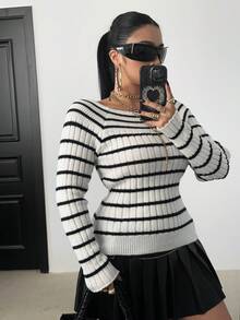 POPSWAY 时尚舒适性感渐变露肩长袖套头毛衣，秋冬款 - 黑與白 - 查看 5