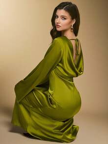 Poéselle 女士优雅露背连衣裙，纯色，适合派对穿着 - 綠色 - 查看 1